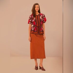 Farm Rio Miranda Brown Short Sleeve Blouse